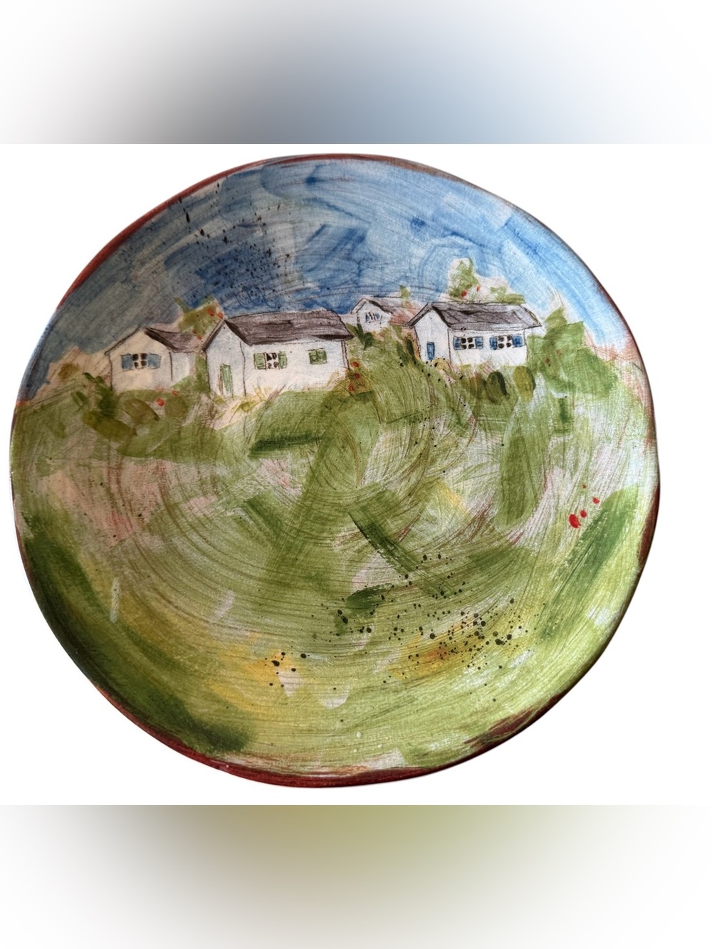 Pottery Barn Hand-Painted Village Scene Plate - Green & Blue
